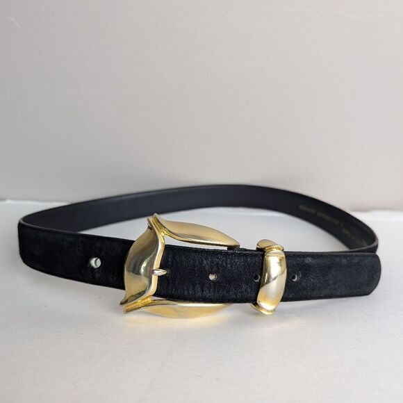 Women's vintage black suede belt gold hardware Toledano size L - Picture 2 of 6